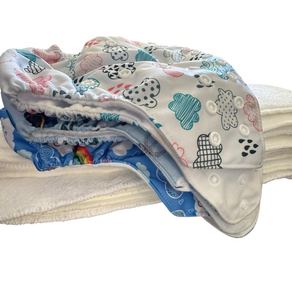 Lot of 3 Cloth Diapers w/ 3 Liners + 10 Cotton Inserts Rainbows Clouds Whales - Picture 1 of 12